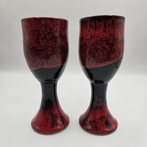 Avior Pottery Saigon Red Black Glazed Stoneware Wine Goblets Chalice Hand Thrown